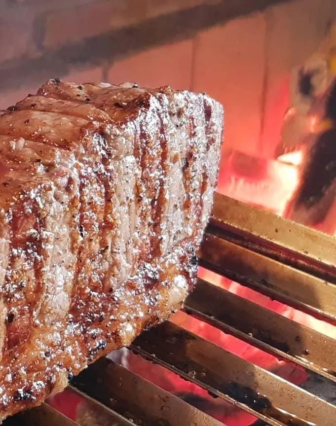 Peça de carne com osso na grelha sobre brasas